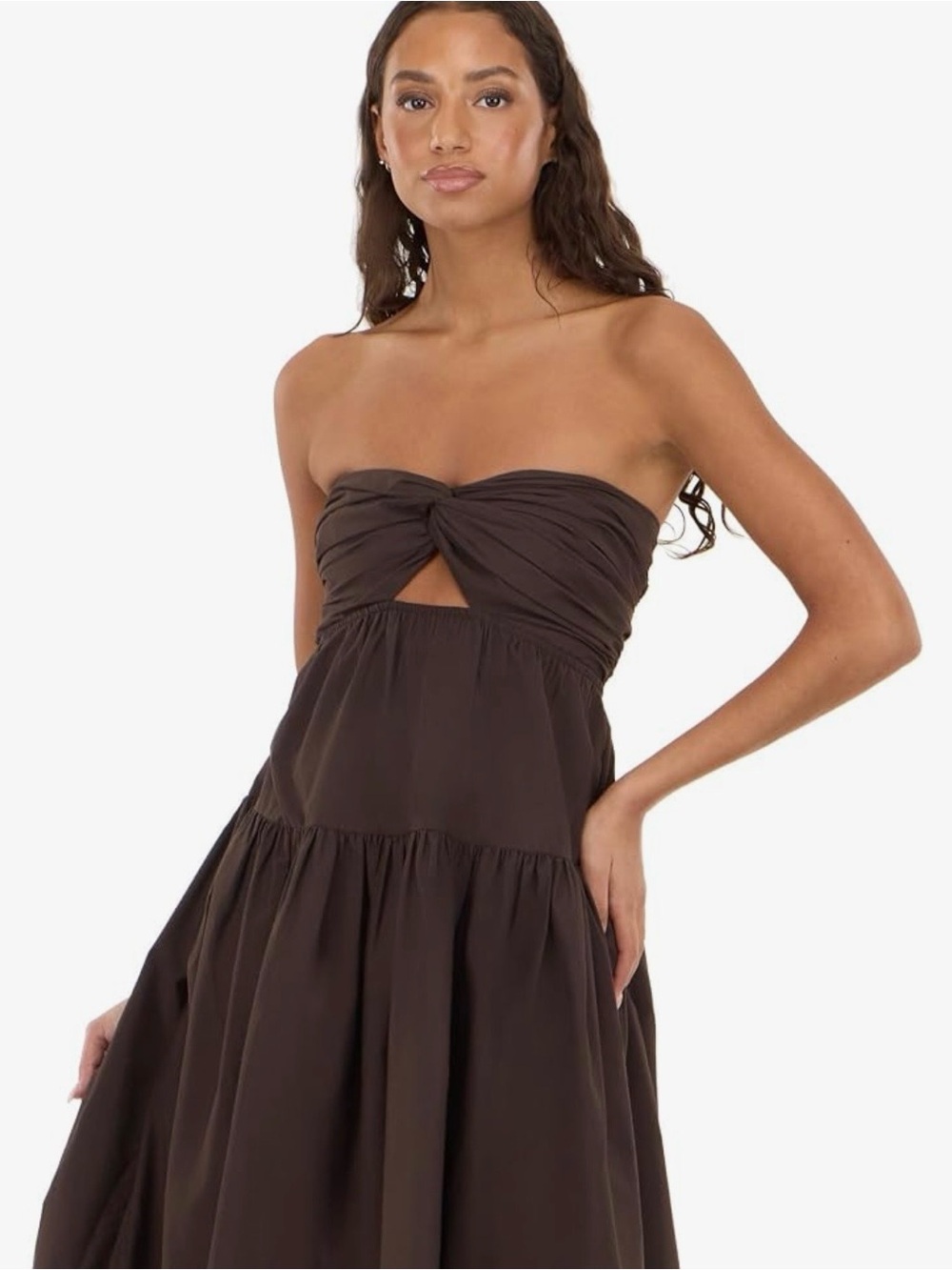 Strapless Brown Twist-Front Tiered Maxi Dress - Picture 6 of 10